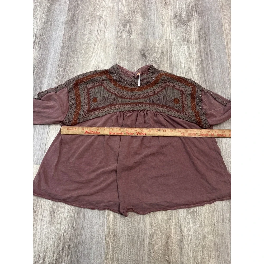 Free People Embroidered Long Sleeve Babydoll Top Plum Mauve Cotton Size Medium